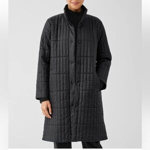 Eileen Fisher Black Recycled Nylon Blend Quilted Stand Collar Jacket Coat M